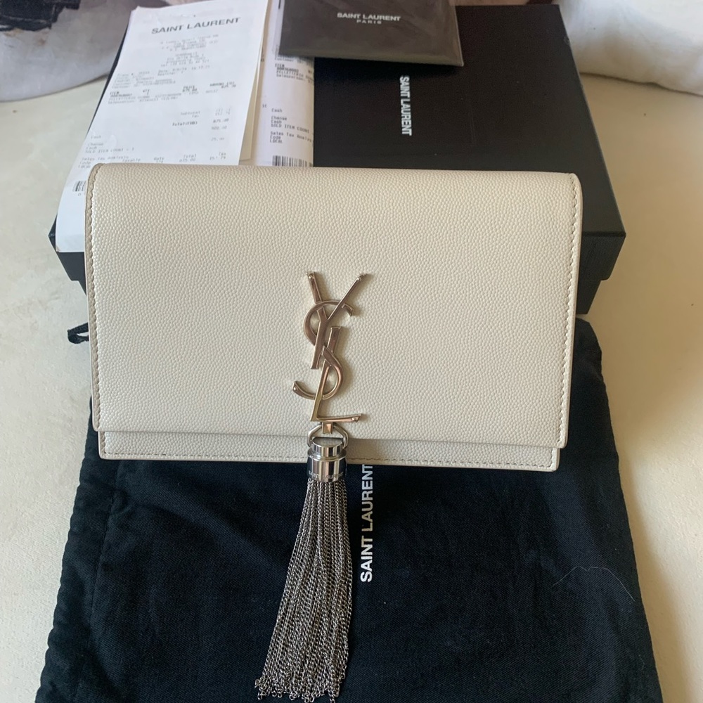 YSL Kate Chain Wallet with Tassel silver&white